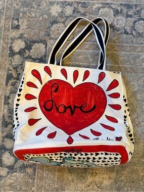 Brighton Canvas Tote Bag with Red Love Heart Graphic - White/Red